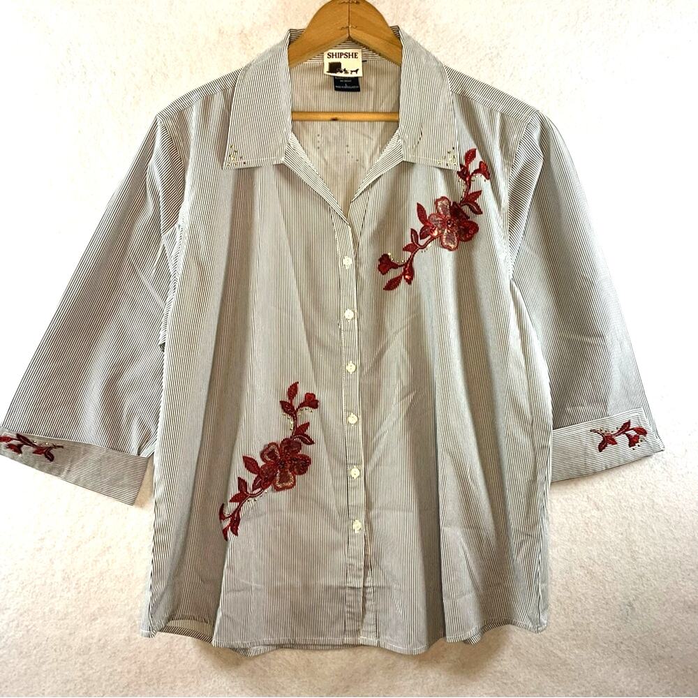 Shipshe Womens Striped Button Top Sz L Western Artsy 3D Floral Applique‎
